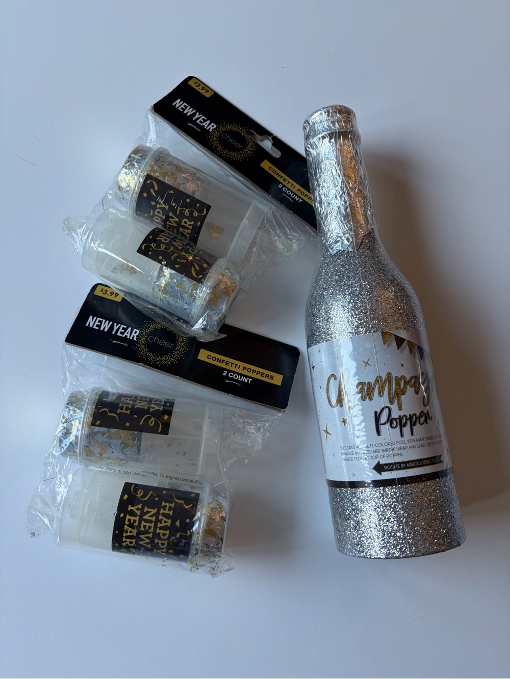 NWT Festive Happy New Year Celebration Silver Party Bottle and Confetti Poppers